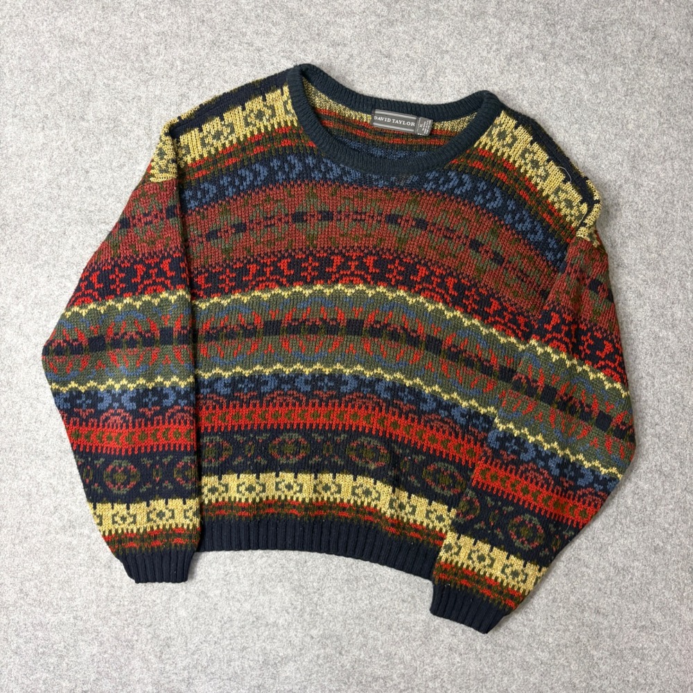 Vintage David Taylor Mens XL Fair Isle Knit Sweater Made in USA Multi-Color